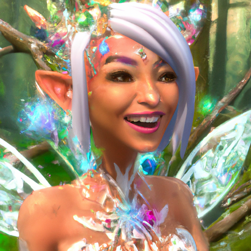 fairy in the forest with crystals, smile, colorfully fantasy concept art, 16k resolution, Best Quality. photorealistic, beautiful detailed intricate, insanely detailed